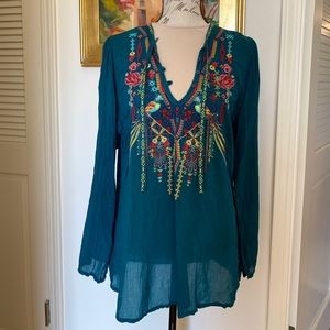 Johnny Was Teal Long Sleeve Embroidered Tunic